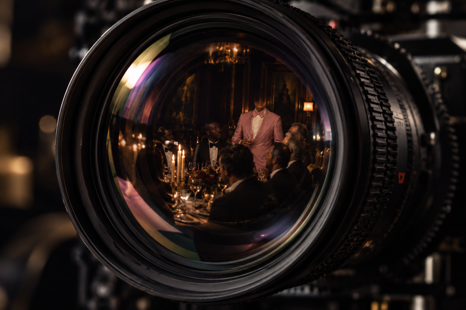 A camera lens reflecting an elegant dinner scene with a man in a pink tuxedo