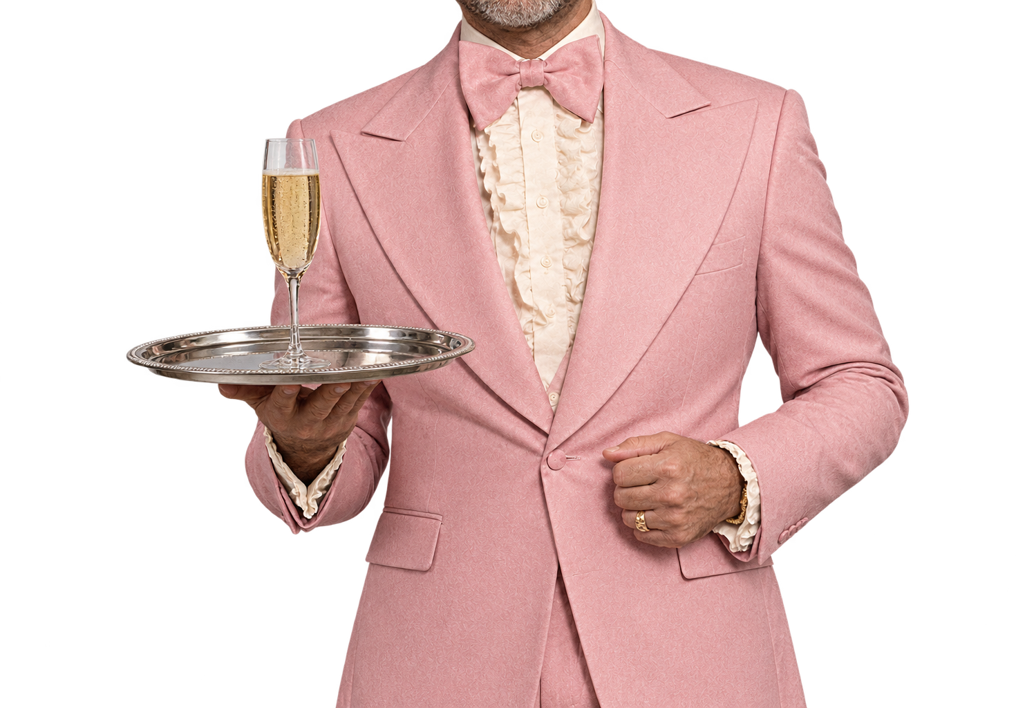 A waiter in a pink tuxedo holding a silver tray with a glass of champagne