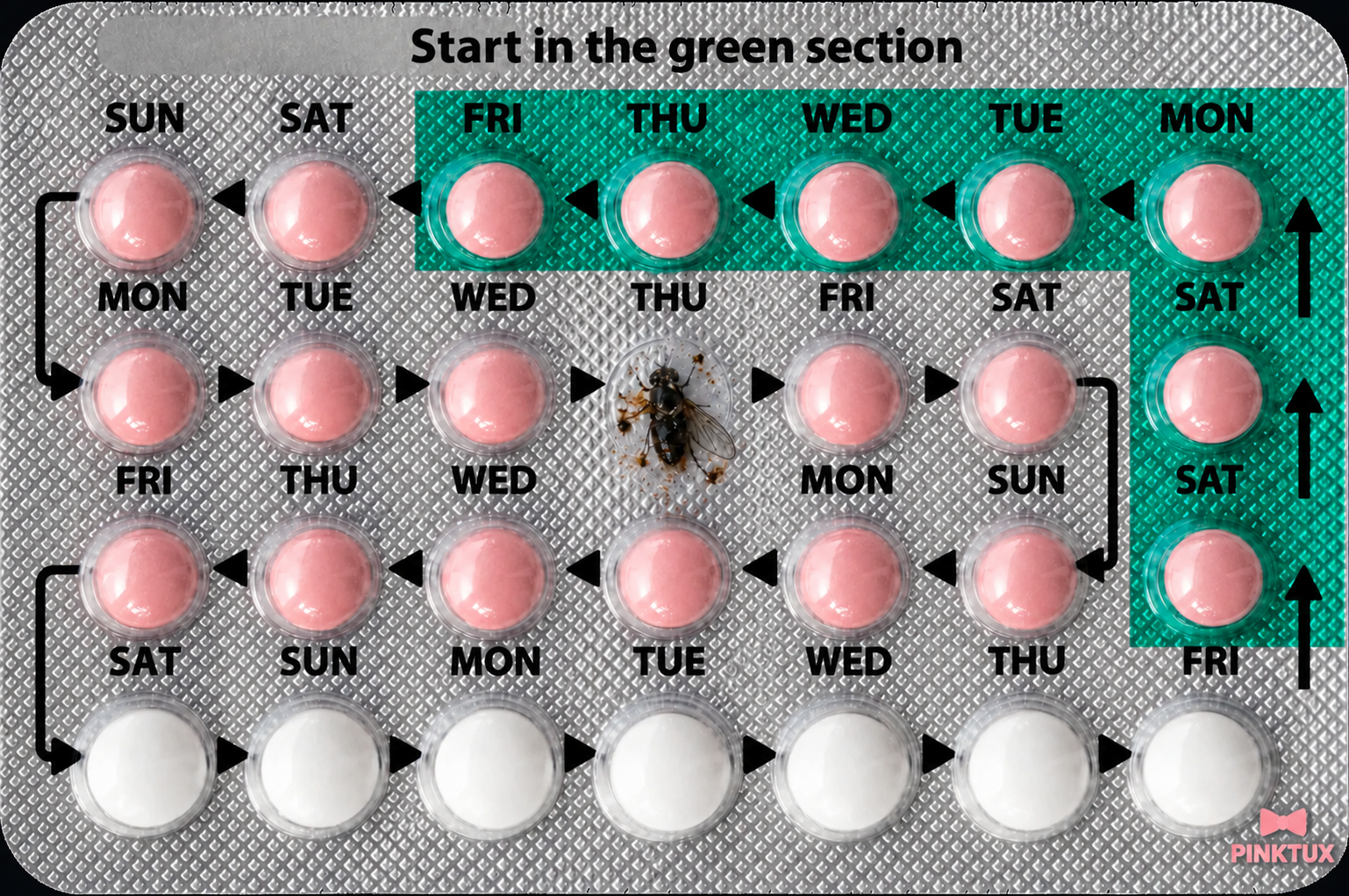 A blister pack of pills with a fly squashed in one of the slots