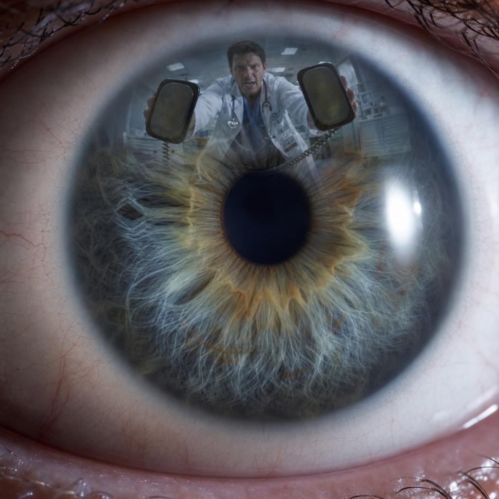 A person reflected in a close-up human eye