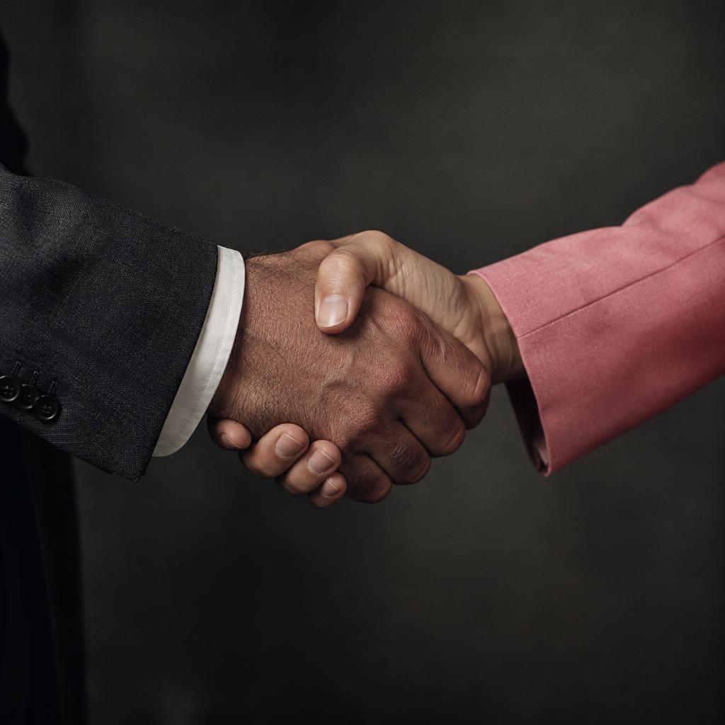 A close-up of two hands shaking, one wearing a pink suit sleeve, the other a dark suit