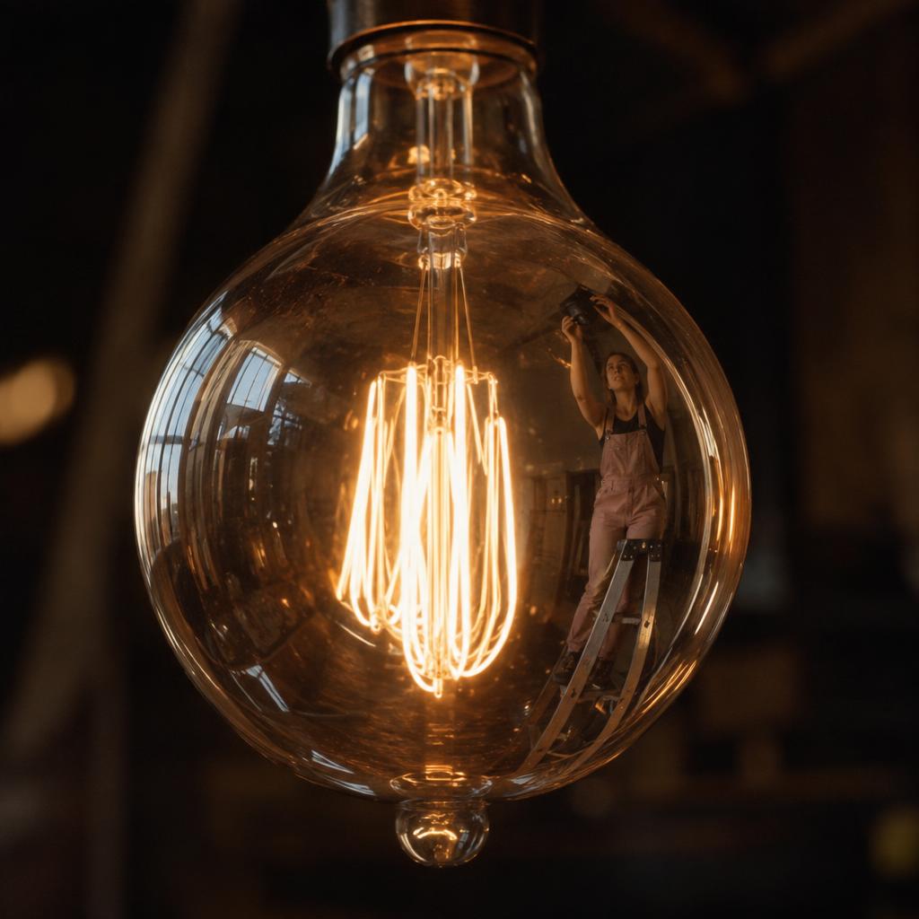 A close-up of a glowing lightbulb with a person in pink overalls on a ladder reflected in its glass